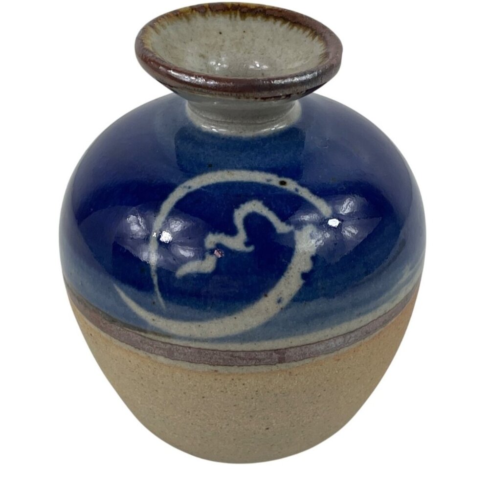 Handmade Buck Pottery Vase Signed 2001 Texas Blue & Tan Ceramic Art Piece - Picture 2 of 11